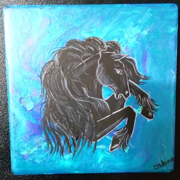 Hand Crafted Painted Friesian Horses Cerulean Blue Coasters Home Decor Interior - Picture 5 of 6